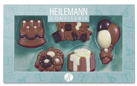 Heilemann Geschenkpackung Geburtstag – 5 Schokofiguren aus Edelvollmilchschokolade – mit Torte, Geschenk, Luftballon, Blumen & Happy Birthday – 100 g Geburtstags-Schokolade in Geschenkbox