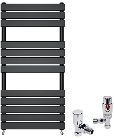 Warmehaus Heated Towel Rail Radiator Ladder Flat Panel Black 1200 x 600mm Central Heating Radiators for Bathroom Kitchen - with Angled TRV Thermostatic Radiator Valve Set