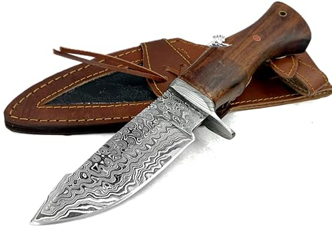 Maru Knives Coltello Artigianale BUSHCRAFT da Caccia Lama Fissa in Acciaio Vero Damasco Manico Legno - Caccia-con Fodero - Coltello Collezione - Coltello Damasco