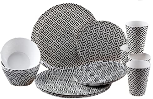 Home Connection Melamine Plastic Dinner Set - Grey Geometric Plate Cup Bowl (16 Piece Set)