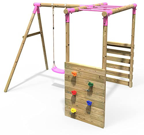 Rebo® Wooden Garden Children's Swing Set with Monkey Bar Attachment - Solar Pink | OutdoorToys | Kids' Outdoor Wooden Play Equipment for Gardens, Frame and Accessories Included, Weather Resistant