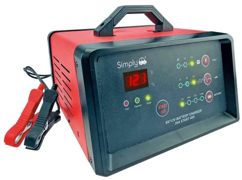 Simply BTC-6015 25Amp 6/12V Heavy Duty Smart Battery Charger with Engine Start Aid - 200AH - LED Output Display - Adjustable - Portable