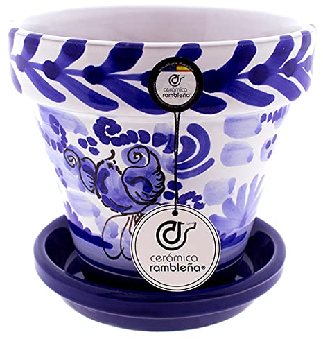 CERÁMICA RAMBLEÑA | Macetas de Barro Rojo | Macetas Decorativas | Macetas de cerámica | Macetas Exterior | Decorado Montería Azul - D111 | Decoración 100% Hecho a Mano | 35x35x36 cm | Plato Incluido