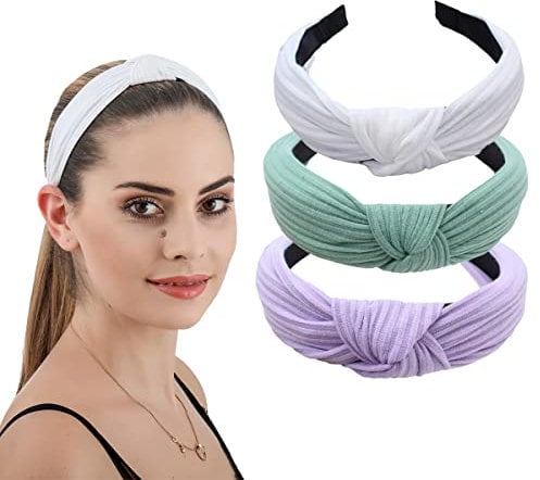 scicent Women's Headbands Boho Hair Band Vintage Elastic Solid Head Wrap Stretchy Hairband Twisted Cute Hair Accessories (White,Purple,Green), Pack Of 3, 1 count - 1804