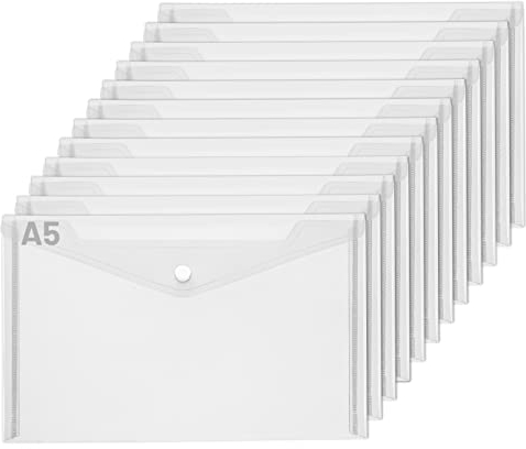 Dokumententaschen A5,LALAGO 12 Stück A5 Transparent Dokumentenmappe mit Druckknopf,A5 Transparent Dokumentenmappe Brieftaschen für Datei,Papier,Quittungen,Hausaufgaben, Schulbüro