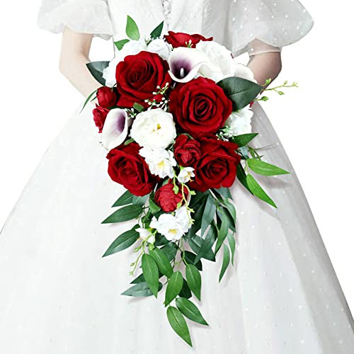 Bouquet da sposa da 25,4 cm, con calle rosse e rose, bouquet di fiori artificiali per matrimoni, esterni, rustici, cascate, bouquet da sposa per cerimonie nuziali e anniversari
