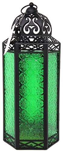 Dekorative marokkanische Bodenlaterne aus schwarzem Metall mit Kerzenhalter – Innen-/Außenbereich, Heimdekoration, Terrasse, Halloween, Hochzeiten, Weihnachten, extra groß, grün
