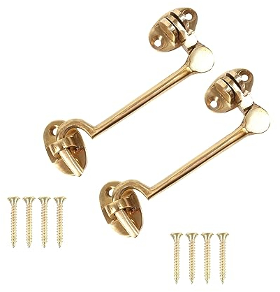 SUL Brass Cabin Silent Hook Door Hook and Eye Latch Cabin Hook with Mounting Screws, Garden Gate Latches, Gate Hook Eye Latch, Latch Lock for Garage Door, Shed, Window Brass Hook (100mm) (Two Pack)