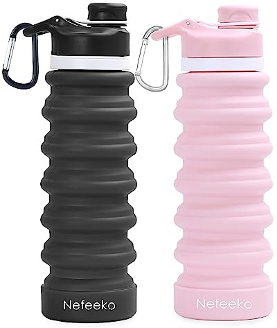 Nefeeko Collapsible Water Bottle, 2 Pack 26oz Silicone Water Bottles | Foldable Leakproof BPA Free Travel Water Bottles with Carabiner, Portable Sport Water Bottle for Hiking Outdoor Indoor Sport