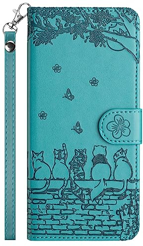 Aisenth Flip Case for iPhone 12/12 Pro Wallet Cover With Card Holder | Cat and Butterfly,Magnetic,PU Leather+TPU inner case,Kickstand,Card Slots+Cash Pocket+Wrist Strap,Protective,Turquoise