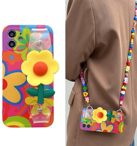 SMAIGE Lanyard Case Compatible with iPhone 13 Pro Max, Crossbody Case with Strap and Wrist Band, Unique Cute Kawaii Colorful Painting Flowers Design for Girls and Women