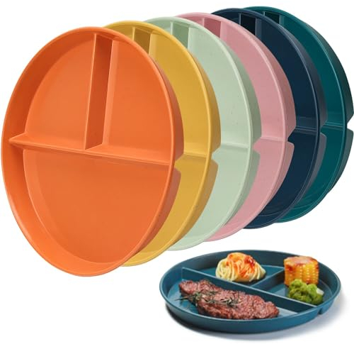 HooySprs 6 Pcs Divided Dinner Plate,9 inch Three Grid Portion Control Dinner Plate Unbreakable Reusable Lightweight Salad Plates Picnic Plates Student Dishes Set for Home, Canteen