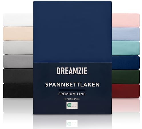 Dreamzie Spannbetttlaken 180x200 cm - Hoher Steg bis 33 cm - 100% Mikrofaser - Dunkelblau - Schadstoffgeprüft (Oeko TEX), Bettlaken mit Gummizug