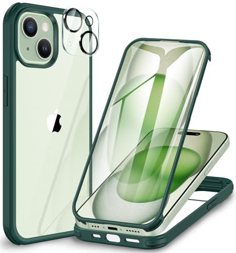 CENHUFO Compatible with iPhone 15 Case Built-in Glass Screen Protector with Camera Lens Protector, 360°Full Body Heavy Duty Protective Phone Case for iPhone 15 Case Shockproof -Green