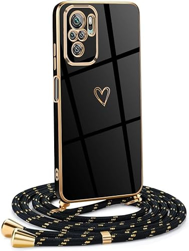 Mkej Coque pour Xiaomi Redmi Note 10 4G avec Cordon de Collier, Coque avec Cordon Motif Coeur d'amour TPU Housse, Collier RéglableTéléphone Portable Lanyard Case Xiaomi Redmi Note 10, Or Noir