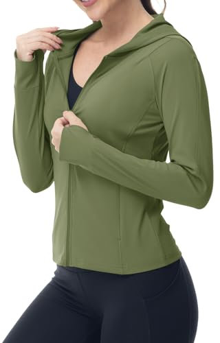 YSENTO Womens Running Jackets Slim Fit Long Sleeve Sports Gym Zip Up Hoodie Tops with Thumb Holes(Green,M)