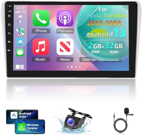2+32G Android Autoradio für Toyota Avensis 2002-2008 mit Drahtlos Carplay und Andorid Auto - WiFi GPS EQ Lenkradsteuerung FM RDS 28UI + Rückfahrkamera & Mikrofon