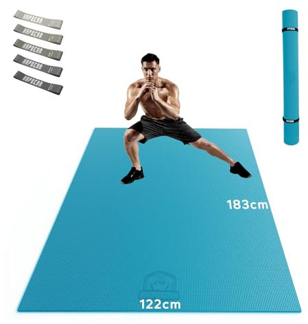 HAPBEAR Yogamatte XXL- Extra Groß Breit Sportmatte Fitnessmatte Rutschfest 183x122x0.8cm Dicke,Hoher Dichte Ultra Haltbar PVC, Gymnastikmatte mit Fitnessbänder,Schuhfreundlich-Blau