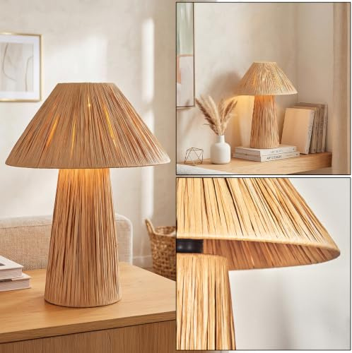 HOFSTEIN Tischleuchte Paiol, moderne Tischlampe aus Metall/Papier in Beige/Naturfarben, Leuchte im Boho-Design mit Schirm aus Papier Ø 32 cm, An/-Auschalter am Kabel, E27, Wohnzimmer, Schlafzimmer