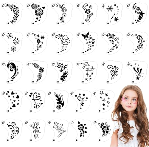 SRIZIAN 28 Stück Tattoo Schablonen, Wiederverwendbare Gesichtsfarben Schablonen, Augen Tattoo Schablonen Körper Farbe Schablonen für Kinder Party Feiertag Halloween Make up