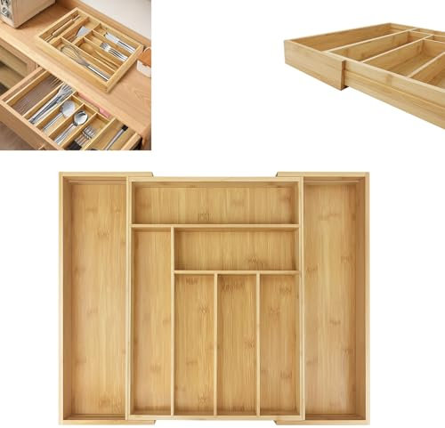 Bowose Bandeja de cubiertos de bambú, organizador de cajones de cubiertos, 6-8 compartimentos, soporte para utensilios para cajones de cocina, organizador grande extensible para cuchillos, tenedores y