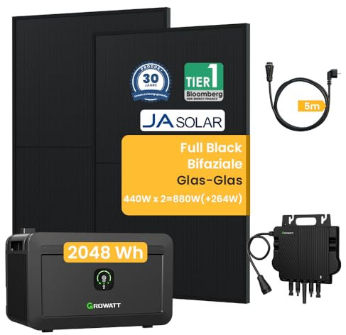 Balkonkraftwerk mit Speicher Growatt NOAH 2000 Speicher 2048Wh mit 1800W PV-Eingangsleistung IP66 und Jasolar Bifaziale 880W(+264W) Solarmodule für Balkonkraftwerk (NOAH 2000 * 1+NEO800W+880W)