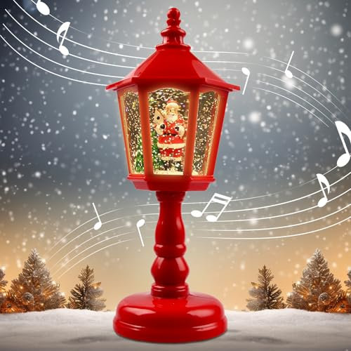 Weihnachts Schneekugel Laterne mit Musik, Schneelaterne Weihnachtskerze, Vintage Weihnachten Wasser Glitzernde Verschneiter Globus Nachtlicht, LED Schneekugel Weihnachtslaterne Dekoration (rot)