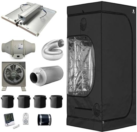 Green Spirit Growzelt Komplettset 120x120x200 cm - 320W LED Grow Lampe dimmbar, Classic XL, für 4 Pflanzen, Belüftungssystem, Hygrometer, Stofftöpfe - Grow Komplett Set Zelt Schrank Box Wachstum