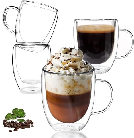 Clear Coffee Mugs Set of 4, Double Walled Glass Coffee Mugs, 350ML Glass Tea Cups with Handles, Insulated Coffee Mug for Latte, Espresso, Cappuccinos, Blacktea, Hot/Cold Drink