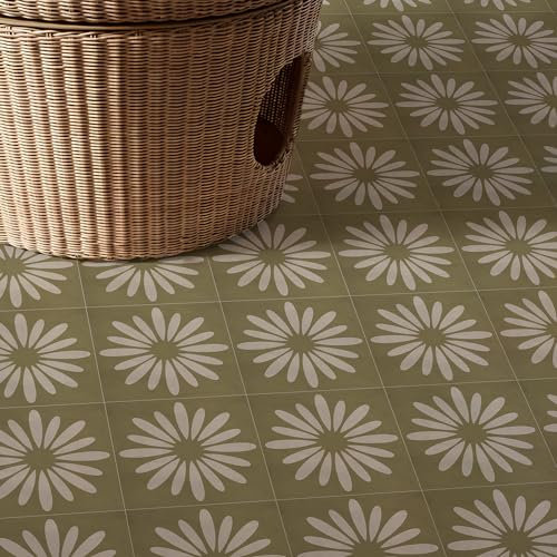 Mosaikfliesen Abstrakte Grüne Daisy Fliesenaufkleber PVC Hitzebeständig Klebefliesen Küche Bad Wasserdicht Tile Sticker Ölfest Selbstklebende Fliesen Badezimmer Küchenrückwand 20x20cm/10 pcs