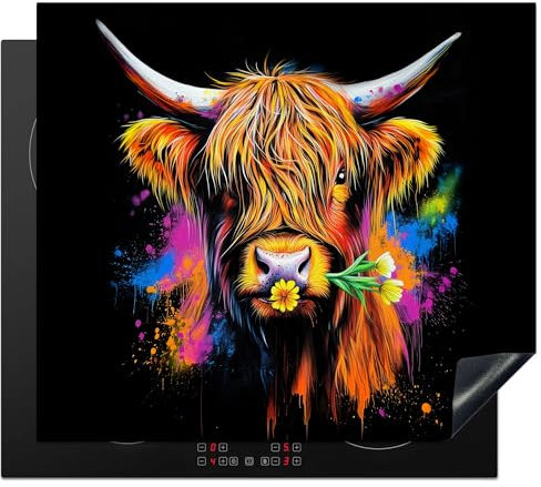KitchenYeah© Herdabdeckplatte 60x52 cm Einteilig Ceranfeld Abdeckplatte Küche Deko Ceranfeldabdeckung Herdabdeckung Induktionsmatte Schottische Hochlandrind - Graffiti - Farbenfroh - Blume - Kuh