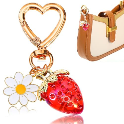 Nogeqi Süßer Erdbeer Schlüsselanhänger Erdbeere Schlüsselanhänger Cute mit Herz Gänseblümchen Süß Strawberry Bag Charms Kawaii Taschen Anhänger für Mädchen Damen