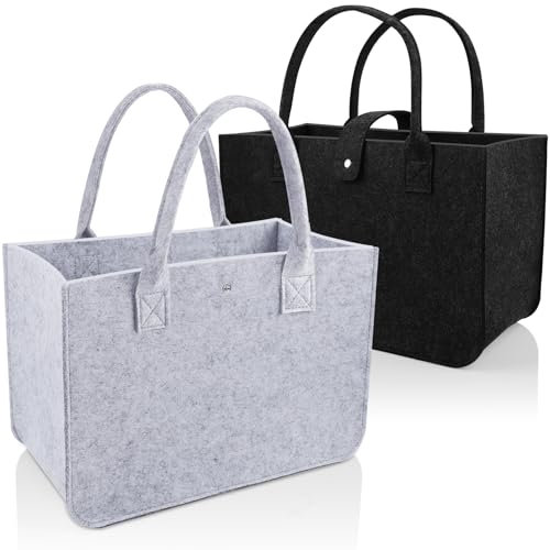 PUWOWYE 2 Stück Filztaschen Shopper, Filztasche, Faltbar Tragetasche Shopping Bag, Tasche Filz zur Spielzeug, Einkaufen, Ausgehen, Aufbewahrung, 30x18x20cm, Hellgrau Schwarz