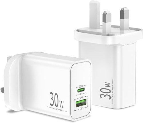 30W USB C Plug UK 2Pack, 2-Port USB-C/USB-A Fast Charger Block for iPhone 16 16e 15 14 13 12 11 Pro Max XS XR, iPad, Macbook, Samsung Galaxy S25 S24 S23, Google Pixel 9 8 7, Type C Power Adapter