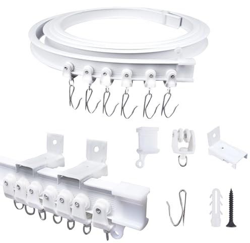 FOGAWA 3m Vorhangschiene wandmontage mit 24 Haken, Wandvorhangschiene, Flexible Gardinenschiene, Gebogen, Wandschiene für Duschvorhangstange, Raumteiler, Vorhangschienensystem mit Wandhalterung, Weiß