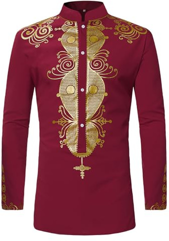 HEFASDM Camisa africana de manga larga con botones y estampado dorado tradicional para hombre, Rojo vino, 3X-Large