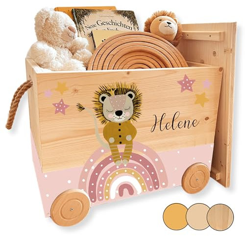 EmiliaLotte Personalisierte Spielzeugkiste mit Deckel aus Holz I Montessori Spielzeug Holzkiste mit Rollen zum Ziehen I Erinnerungskiste mit Wunschname - Löwe auf Regenbogen Rosa