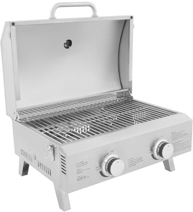 Barbecue a gas, per salsicce, da tavolo, a gas da tavolo con 2 bruciatori, 55 x 45 cm, in acciaio inox, pieghevole e portatile, con pietra per pizza e regolatore, adatto per campeggio/giardino