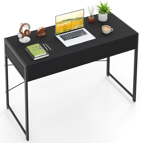 COSTWAY Computer Desk with 2 Drawers, Compact Wooden PC Laptop Table Writing Workstation, Simple Home Office Working Gaming Study Desk (111 x 48 x 76cm, Black)