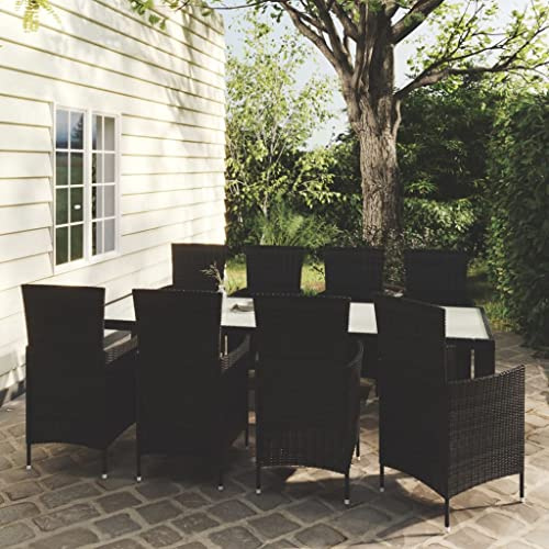 QJBSAVVA 9-teiliges Gartenmöbel-Set Schwarz 250x100x75 cm Poly-Rattan Esstisch mit 8 Stühlen & Kissen modernes Balkonmöbel für Terrasse Garten und Grosse Sitzgruppe Outdoor