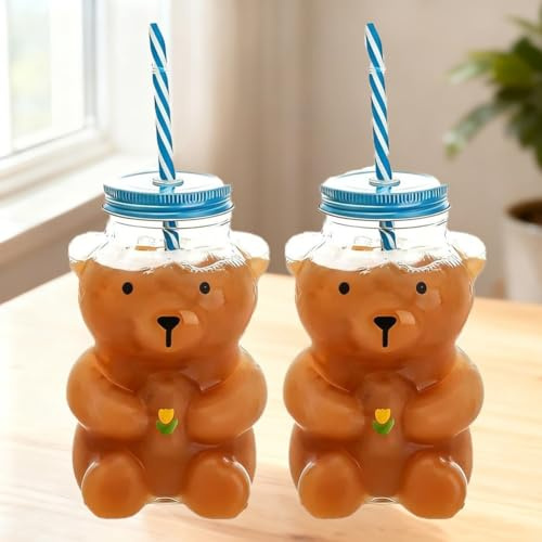 Homaskylynn Cute Bear Glass Cup with Straw, Glass Teddy Bear Cup, 12oz Glass Cup, Wine Cocktail Drinks Glassware, Cute Kawaii Glasses Bottle Mug for Juice Milk Tea Smoothies Infused Water(2pcs)