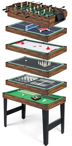 HOMASIS 10 in 1 Tavolo Multigioco per Bambini e Adulti, Tavolo da Gioco con Calcio Balilla, Bowling, Ping Pong, Hockey, Biliardo, Shuffleboard, Dama, Poker, Scacchi e Backgammon, per Casa (Marrone)