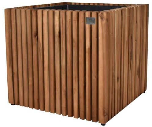 lamorenda Pflanzgefäß Pflanzkübel Blumenkübel Holz Akazie inkl. Kunststoffeinsatz 48 x 48 x 44 cm Innen- und Außenbereich Braun