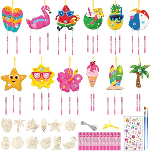 SRIZIAN 12 Stück Windspiel Bastelset Kinder Sommerstrand Holz Windspiel Bastelset für Sommer Hawaii Party Dekoration Holz Klangspiel Basteln Garten Kreative für Mädchen Junge Kindergeburtstag Party