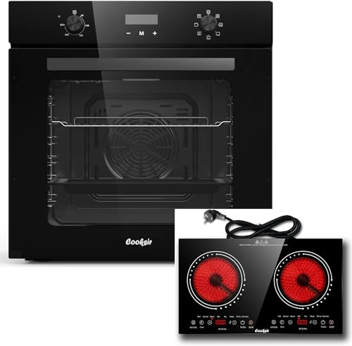 Cooksir Four Encastrable 60CM 7 Fonctions avec Prise, 60 Litres, 2000W, Bouton Rotatif+Plaque Vitrocéramique 2 Feux, Cooksir, Plaque de Cuisson avec Prise, Portable et Encastrable