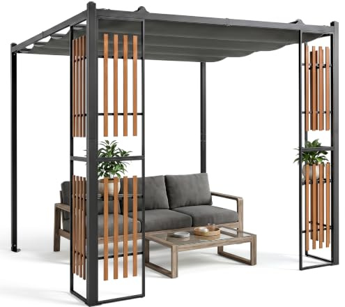 COSTWAY Cenador Autoportante 2,32x2,32 con Techo Retráctil, 4 Pantallas (2) | 2 Estantes,Lona de Poliéster, Estructura Metálica, Correa de Sujeción, Pérgola Patio Terraza