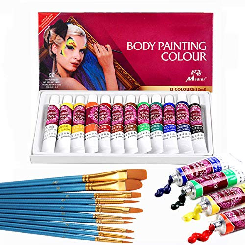 12 couleurs de maquillage professionnel non toxique et tubes de peinture corporelle, maquillage d'halloween avec 10pieces hypoallergéniques extrémité effilée ronde nylon brosse à cheveux
