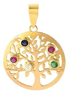 PRIORITY Petit pendentif arbre de vie en or 18 carats avec zircons colorés, pendentif arbre de vie, petit arbre de vie, pendentif en or, pendentif en or pour femme