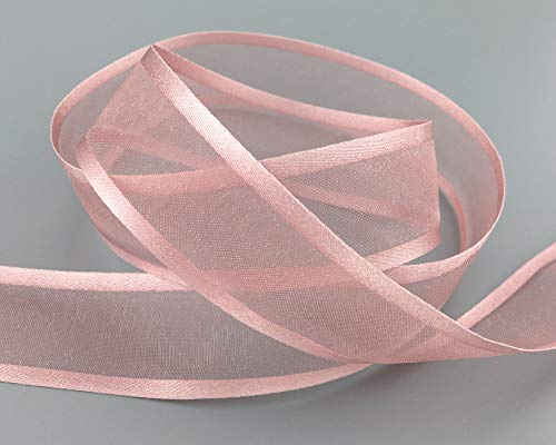 finemark - Nastro decorativo semitrasparente in chiffon con bordo in raso satinato, brillante, senza fili, organza, 25 m x 25 mm, 53, colore rosa antico