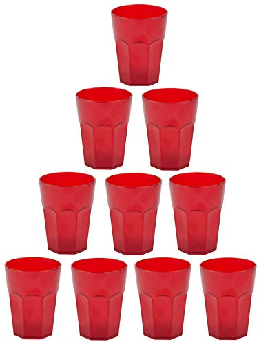 ENGELLAND Lot de 10 gobelets en plastique rouges de 250 ml avec trait repère - Empilables - Réutilisables - En plastique - Aspect givré - Réutilisables - Pour fête